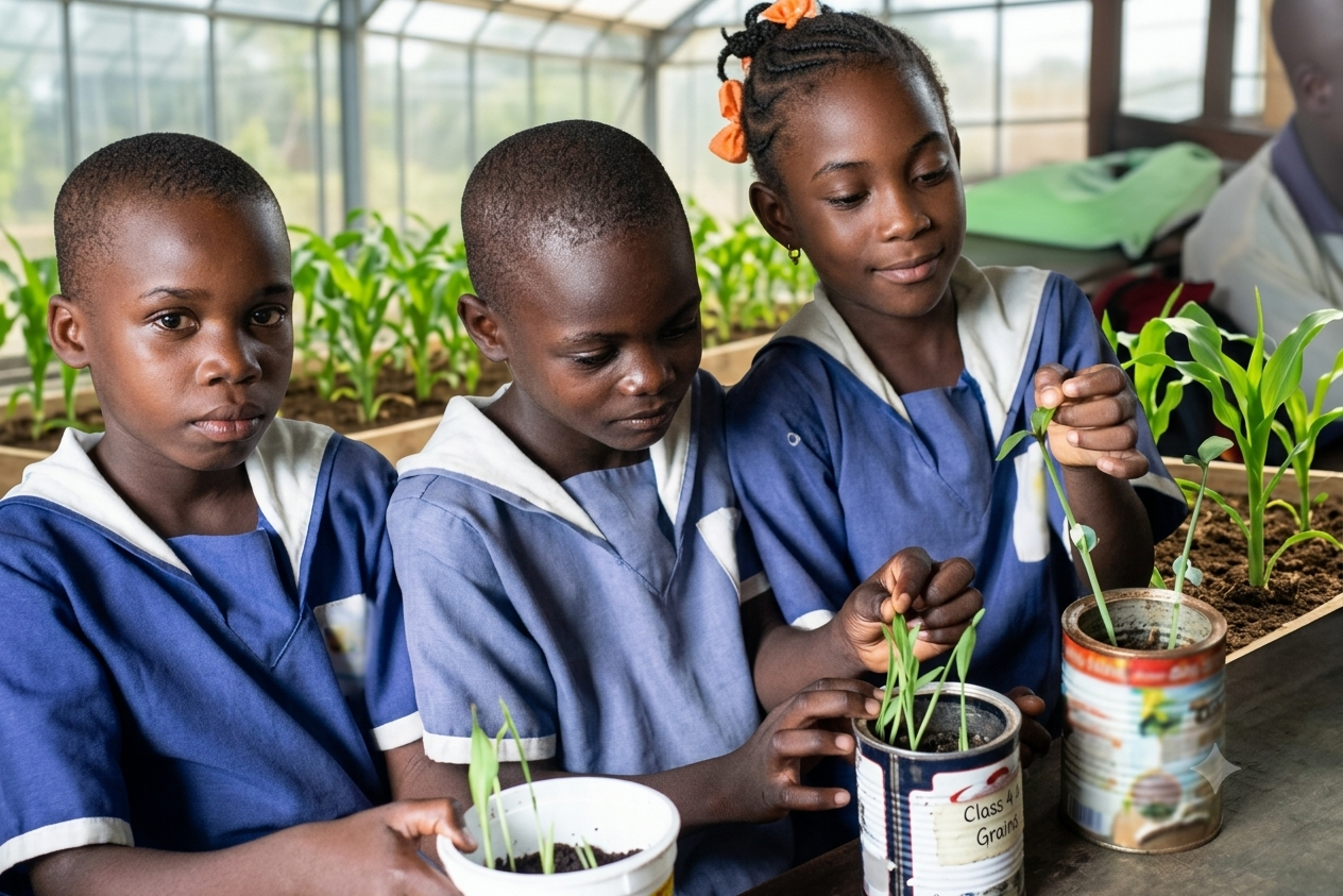Home A high-resolution, detailed image of three young West African children wearing matching gray and cream school uniforms. They are seated closely together at a wooden table inside a brightly lit greenhouse filled with plant beds and glass windows in the background. Each child is focused on small plants growing out of repurposed containers and cans filled with soil. The girl on the right carefully holds a delicate green stem, while the middle student inspects a tin containing young sprouts.