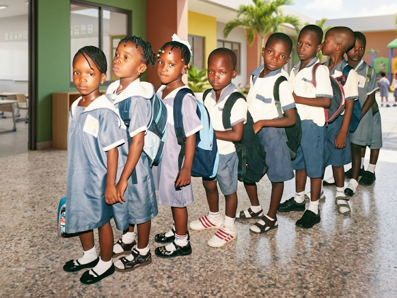 Home Schoolchildren in uniforms standing in a neat line outdoors on a modern school campus.